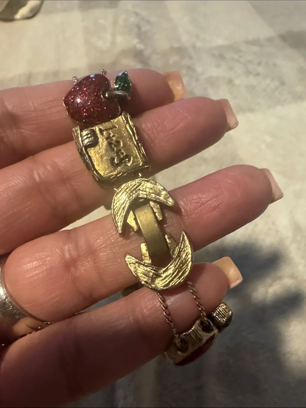 Vintage School-Themed Charm Bracelet with Glitter Apples